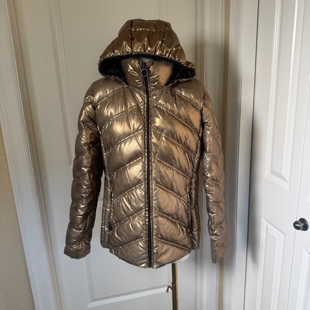 Michael Kors Metallic Gold Puffer Jacket Womens L Hooded Zip Coat